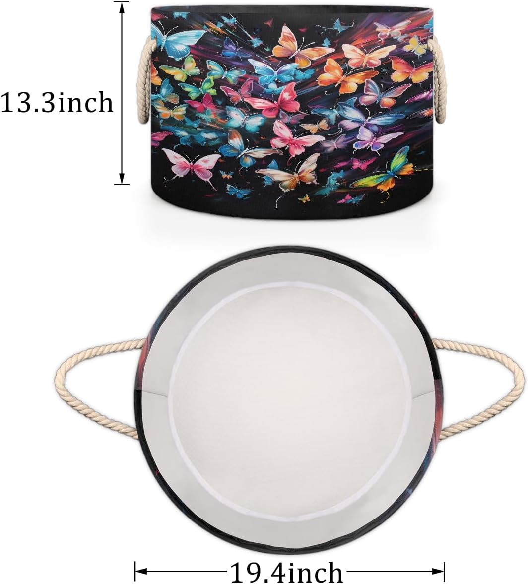 Large Round Laundry Basket Colorful Design Butterfly Toy Bins Organizers and Storage for Girls Canvas Collapsible Blanket Storage Basket Laundry Hamper Gift Baskets Bedroom Clothes Children Nursery