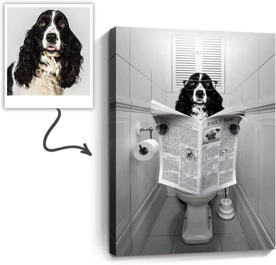 kvtiwee Custom Pet Portrait from photo, Funny Pet in Toilet Canvas Prints, Black and White Bathroom Wall Art, Personalized Cute Dog Pictures Posters Wall Decor for Living Room Bedroom Wall Paintings