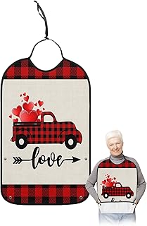 BOBOWUNY Valentines Truck Adult Bibs for Elder Women Men Eating, Red Black Plaid Love Heart Waterproof & Washable Bibs for Eating Clothing Protector Dining Bibs for Crumb Catcher
