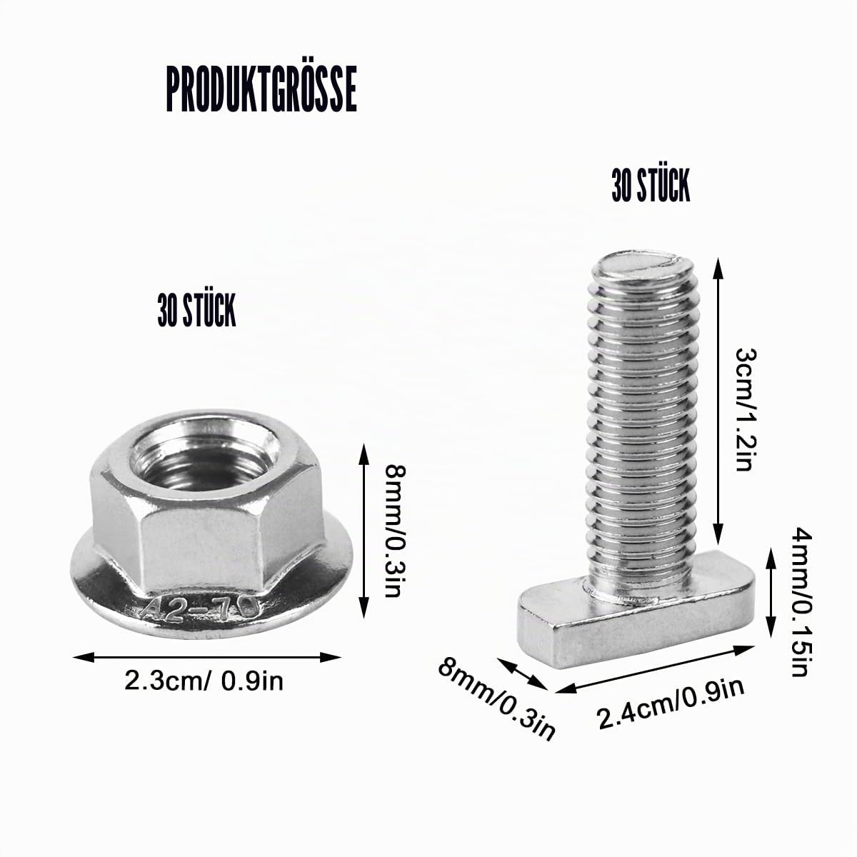30 Stück Hammerkopfschrauben M10 Set,30mm Schrauben T Nut Bolzen, Edelstahl Photovoltaische Schrauben, mit 30 Stück M10 Hex Nuts With Flange, für Gewächshaus und Photovoltaik-Aluprofil