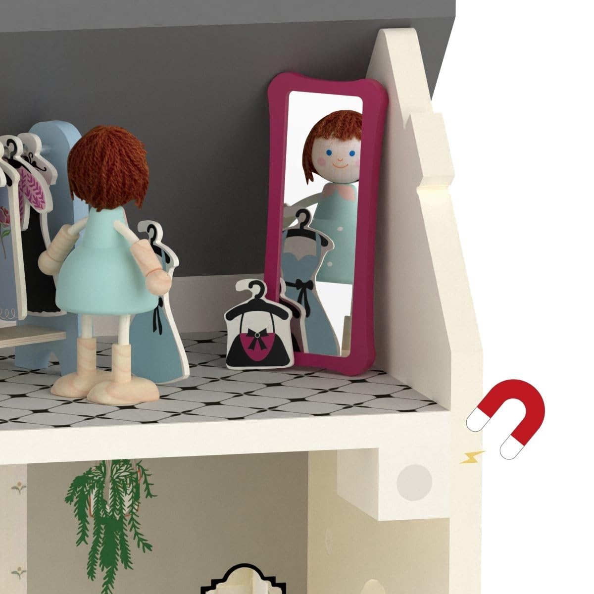 Classic World Puppenhaus aus Holz, 3-stöckig im Vintage-Stil mit Möbeln, Biegepuppe & Hund, abnehmbares Dach & Türen, Rollenspiel für Kinder ab 3 Jahren