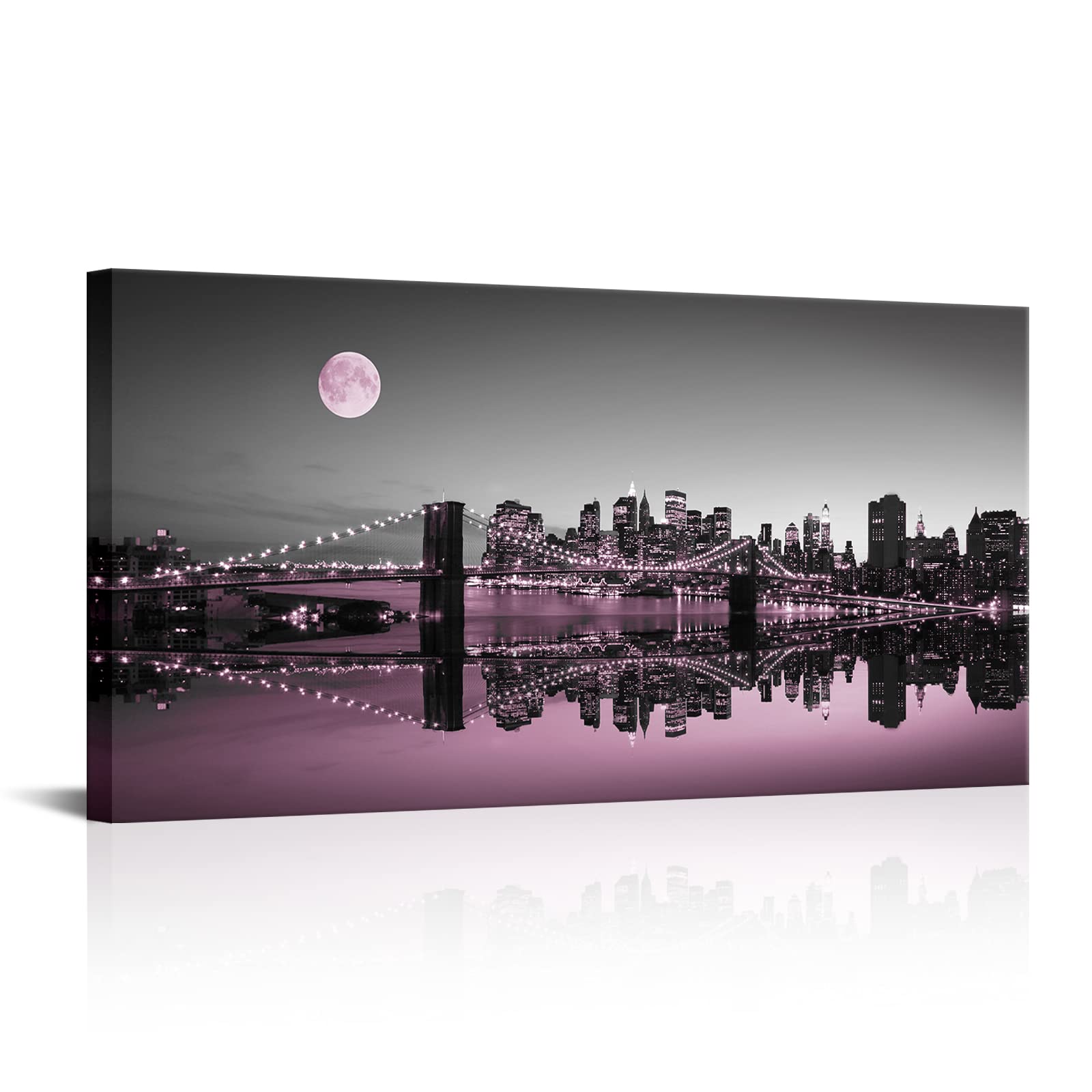 Conipit Brooklyn Bridge Canvas Wall Art New York Skyline Painting Manhattan Night Skyline Picture Prints Cityscape Artwork Modern Home Office Decor 24x48 Inch Gallery Wrapped