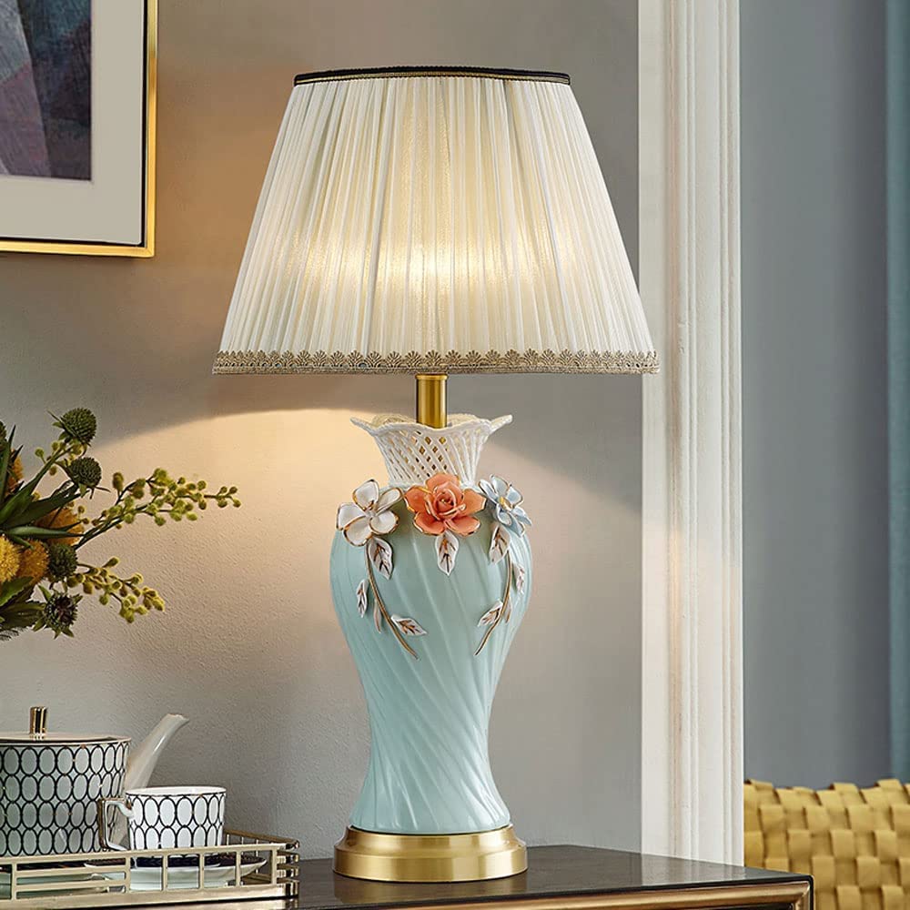 Lampada da Comodino Lampada Da Tavolo In Ceramica Lampade Da Tavolo Europee Fiore Che Impasta A Mano Grande Lampada Da Comodino In Tessuto Plissettato Con Paralume In Tessuto Lampada da Scrivania ( Co