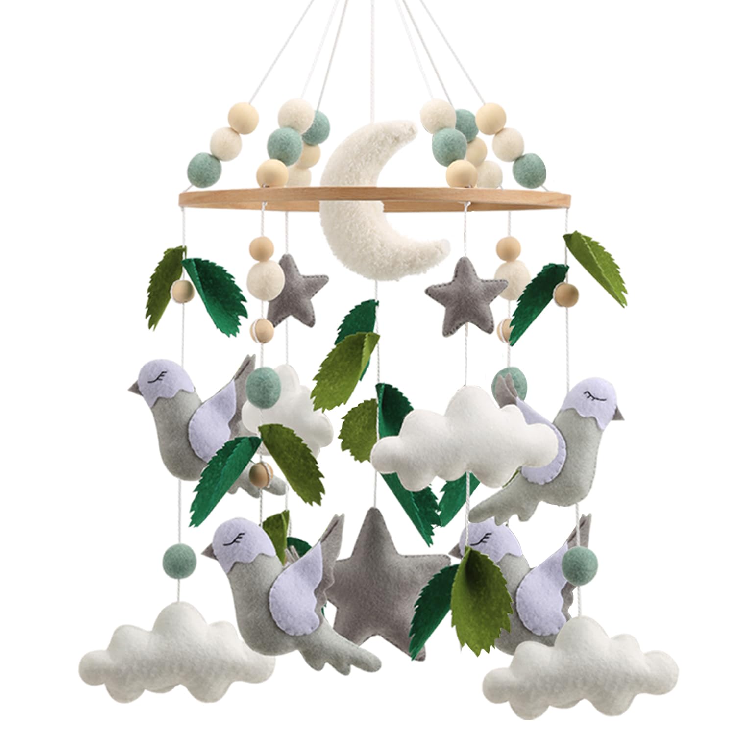 Bird Mobile for Crib - A Neutral Bird Crib Mobile with Clouds and Stars and Green Leaf Detail with Birds