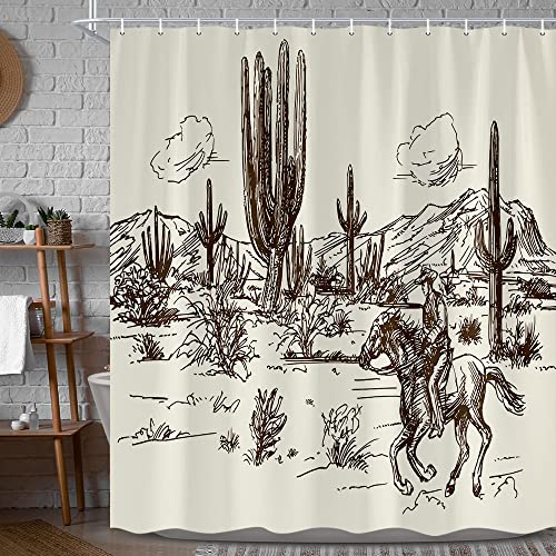 Western Shower Curtain American Wild West Desert Bathtub Curtain, Cowboy Reiten Pferd Stoff Duschvorhang Set, Vintage Primitive Badezimmer Zubehör Haken enthalten 183 x 183 cm Cover