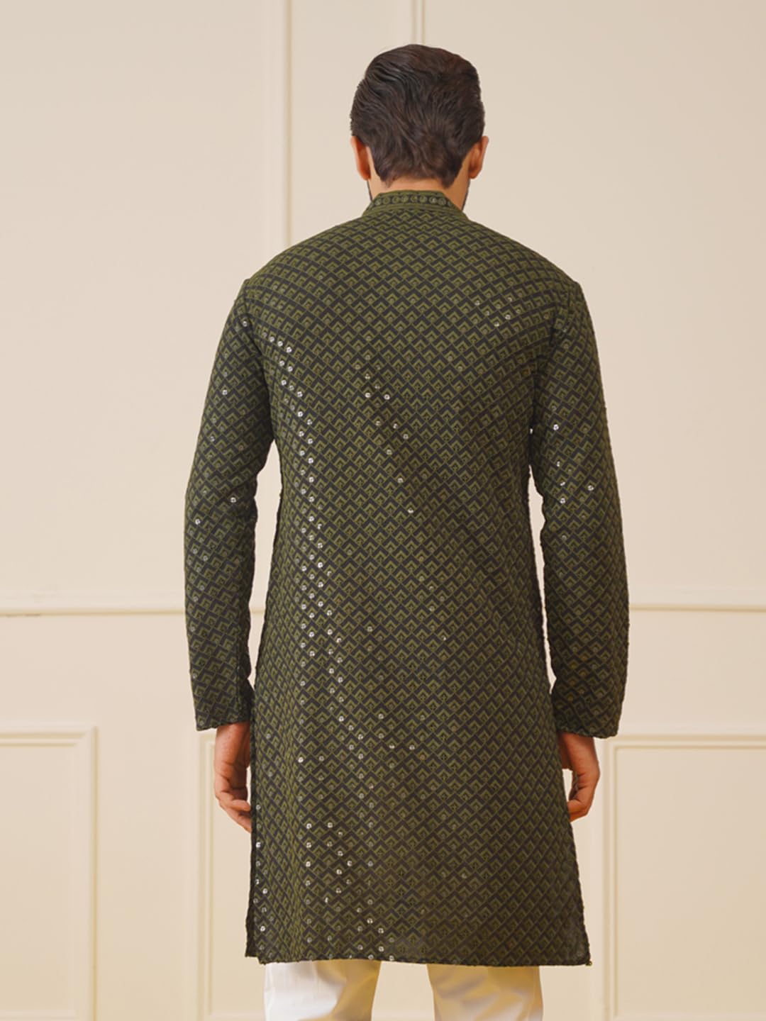 Jompers Men's Mehndi Sequin Embroidered Pure Cotton Kurtas. (Mehndi, Xxl)