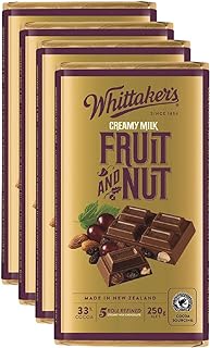 Whittaker's Fruit and Nut Chocolate Block 250g (Pack of 4) （Made in New Zealand）