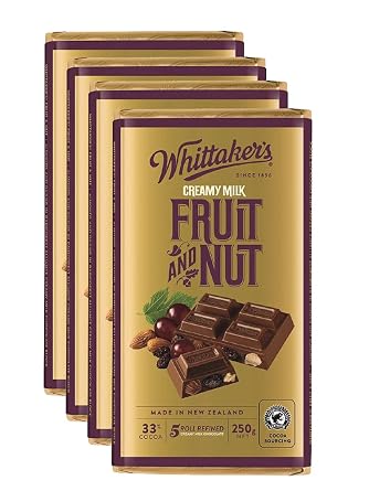 Whittakers Fruit and Nut Chocolate Block 250g Pack of 4 Made in New Zealand