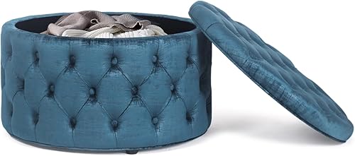 Homebeez Otomana redonda de terciopelo de 28 pulgadas, reposapiés con botones copetudos, mesa de centro para sala de estar, color azul