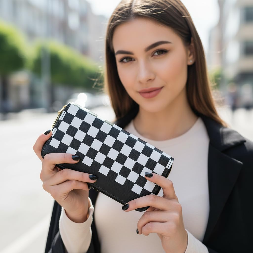 Women's Checkered Wallet, Large Capacity Highland Purse, 2 Zippers Card Cases and Money Organizers for Ladies (Grid Black) - Image 2