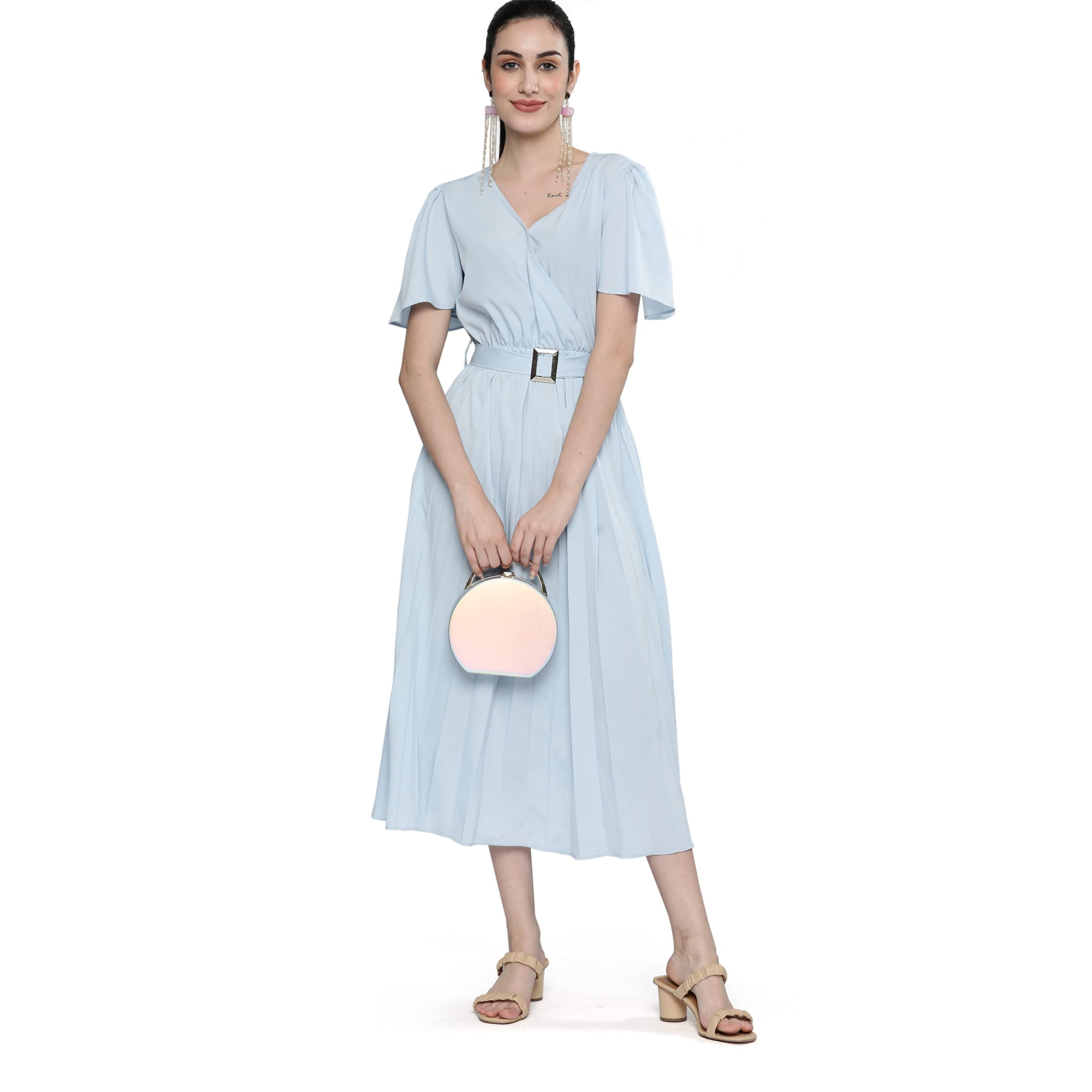 Western Dress For Women - Sky Blue Crepe Solid Fit & Flare Western Dress With Belt For Casual, Outing Wear, Sky Blue, M