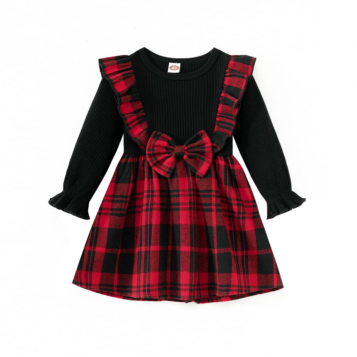 QiraoxyBaby Girl Dress Long Sleeve Ruffled Plaid Bowknot Dress Toddler Girl Princess A-Line Dress Sweet Little Girl Cute Christmas Dress Fall Winter Clothes