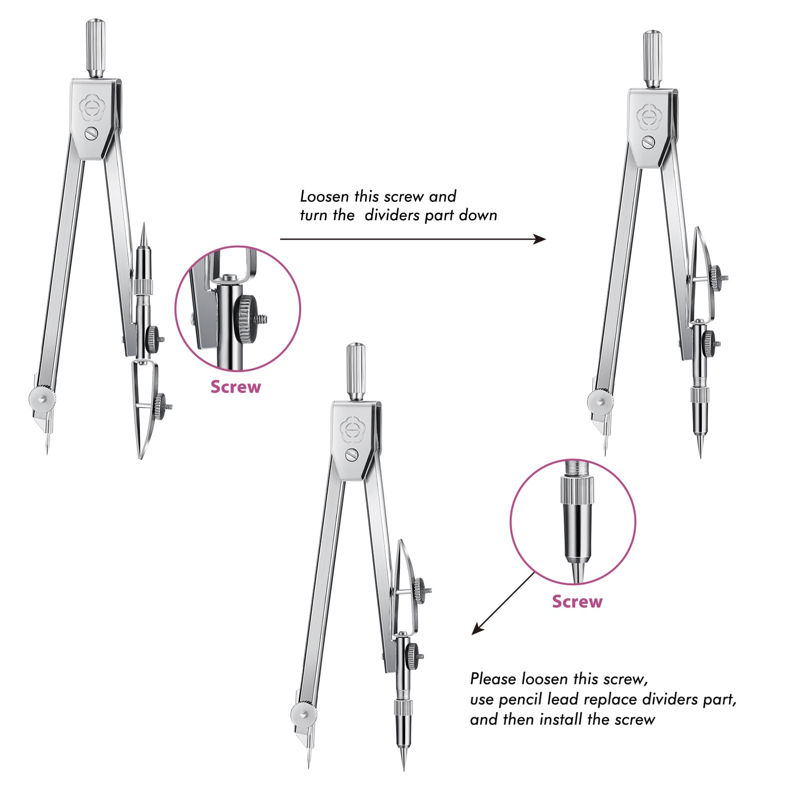 EBOOT Student Geometry Math Set, Drawing Compass and 6 Inch Swing Arm Protractor 180 Degree Math Protractor (Pink)