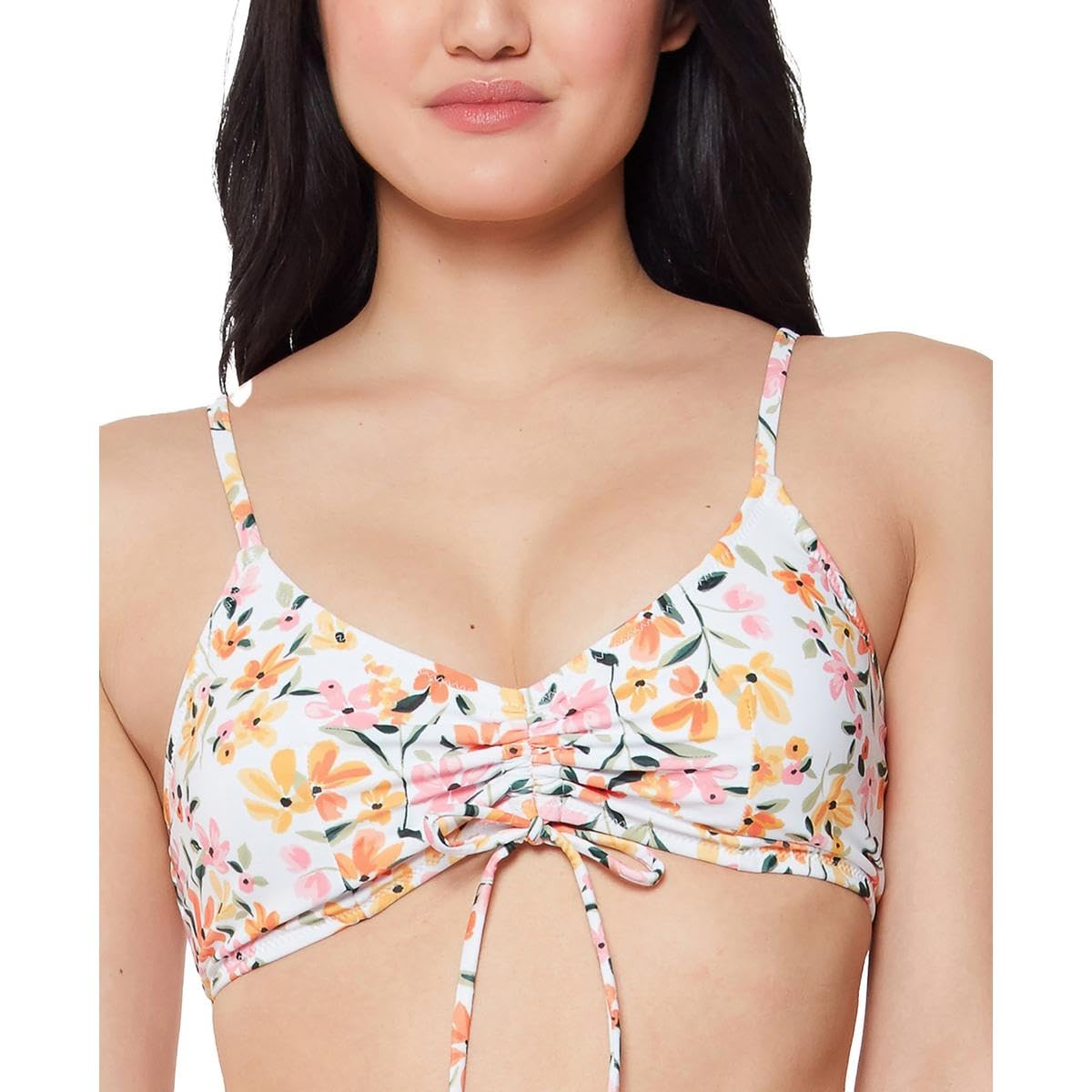 Jessica Simpson Womens Floral Print Ruched Bikini Swim top