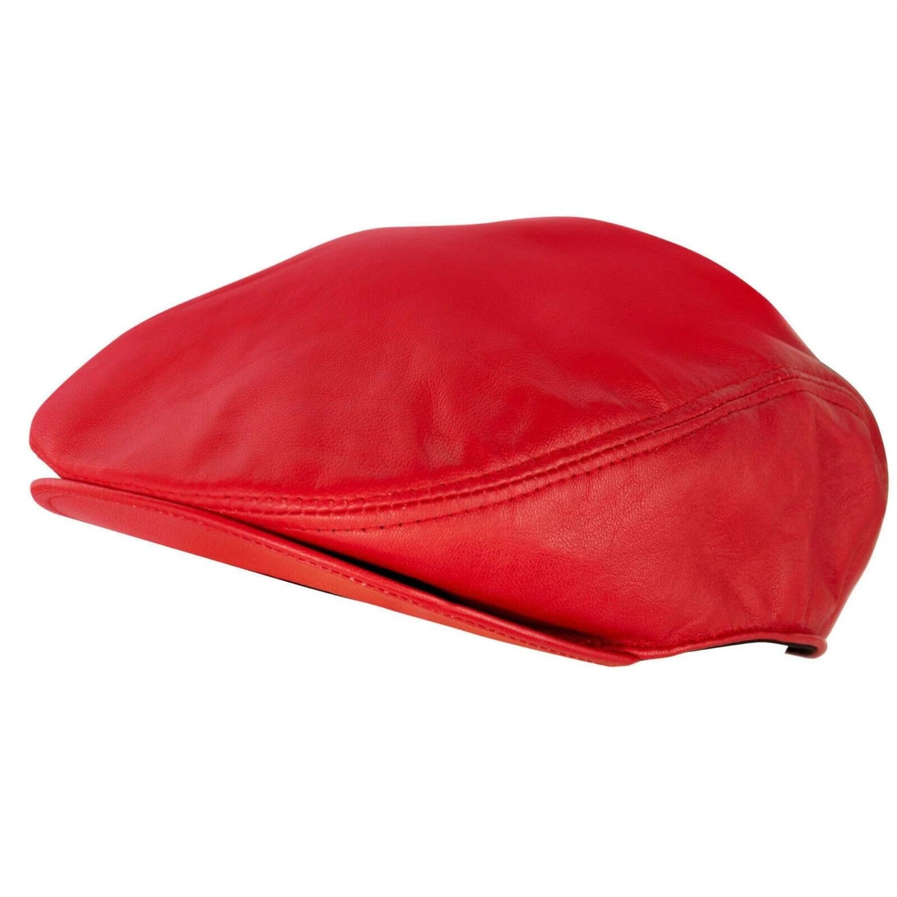 Truclothing Men's Red Real Leather Flat Cap Ivy Newsboy Peaked Golf Cabbie Hat In | Size: Large