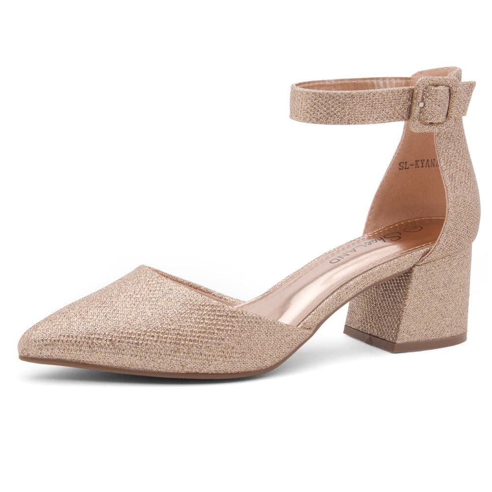 Shoe Land Closed Toe Heels for Women – 2.25 Inch Low Block Pumps for Office | Pointed Toe Chunky Dress Heels with Ankle Strap | Comfy Womens Business