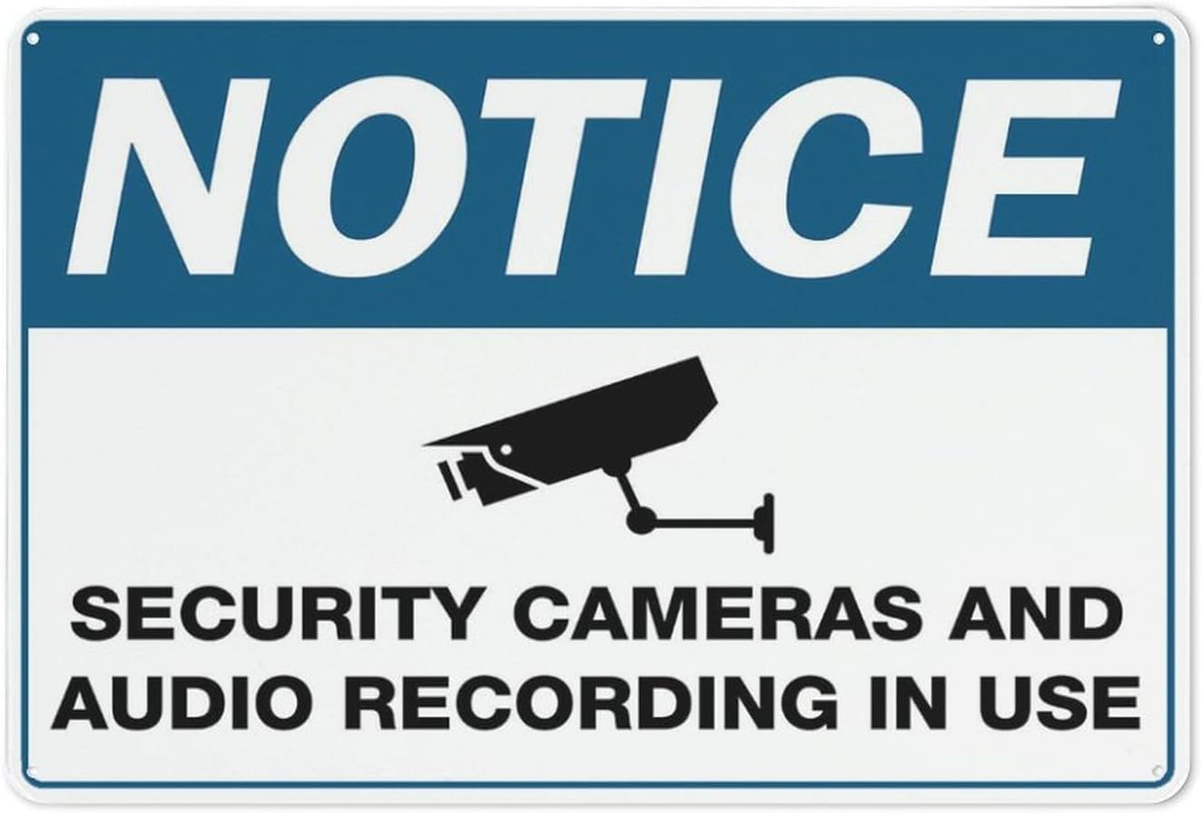 Notice Security Camera/Audio Recording in Use Rust-Free Aluminum Warning Sign - Weather Resistant, Waterproof, Easy to Mount for Office, Residential, Indoor/Outdoor Yard 8""x12""​