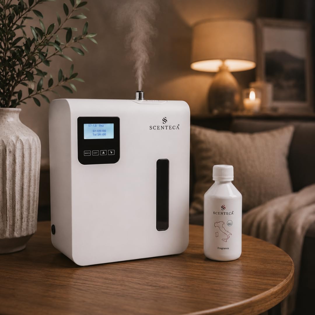 SCENTECA Diffusore elettrico di oli essenziali Mod. AD-P3, con fragranza Tè Bianco e Fiori di Primavera inclusa, nebulizzazione a freddo, copertura fino a 100 mq, per casa e ufficio (100 ml)