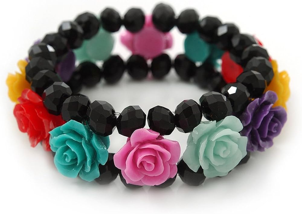 Avalaya Romantic Multicoloured Resin Rose, Black Glass Bead Flex Bracelet, 19cm Length, black, yellow, red, light green, teal