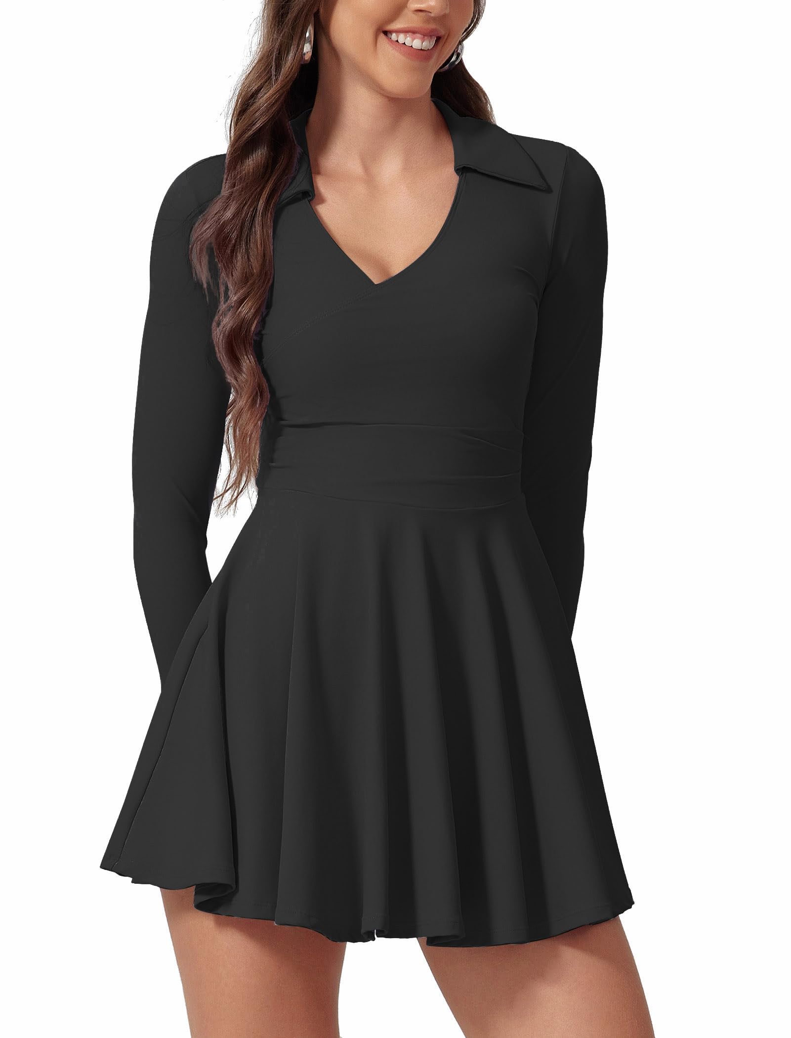Robe de tennis pour femme - Manches longues - Col en V - Robe polo avec poche short - 2 pièces - Tenue de tennis - Mini robe de sport - Robe de tennis - Robe d'entraînement