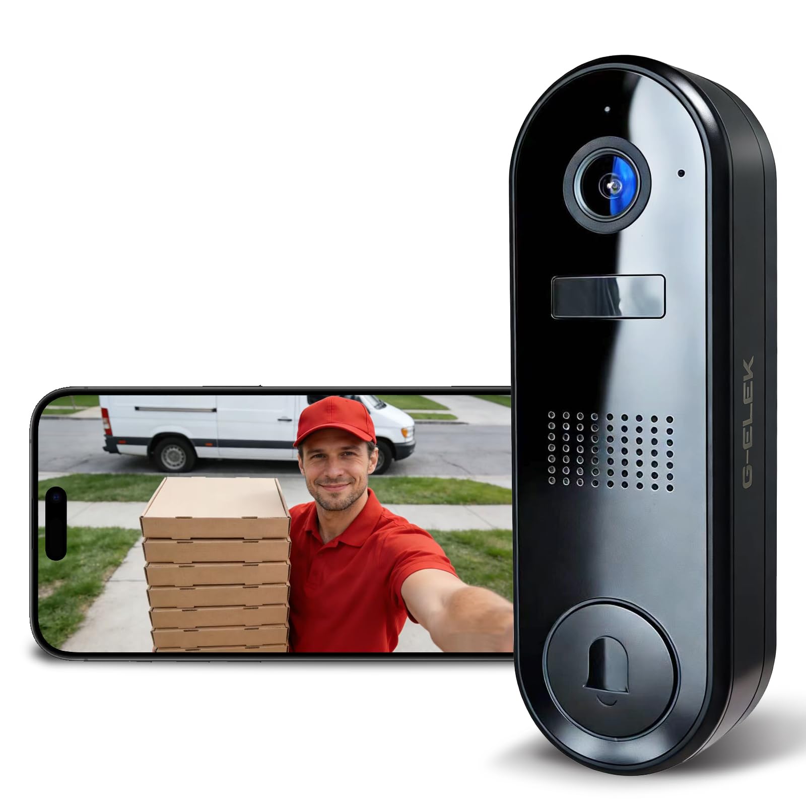 G-ELEK Sonnette Vidéo 2K Sans Fil Extérieure IP66, Caméra Porte Détection Humaine IA, Audio Bidirectionnel, Vision Nocturne, Carillon Intérieur, WiFi 2,4 GHz, Noir