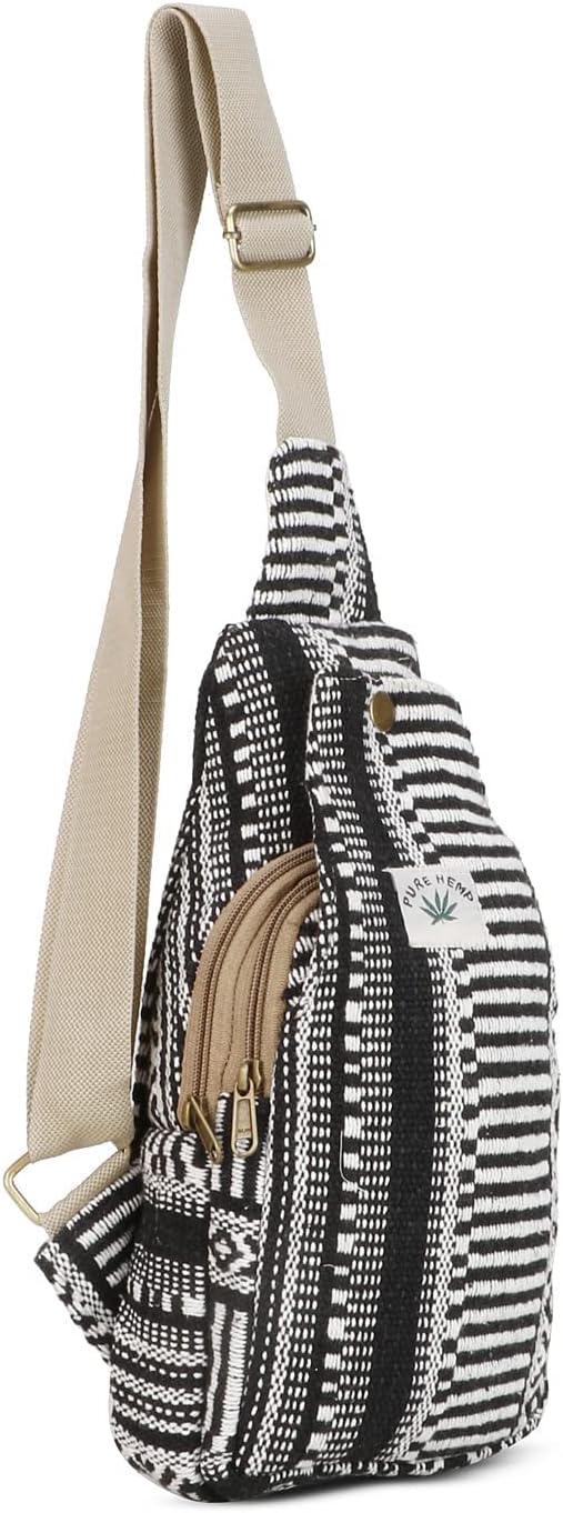 Suman Enterprises Hemp Sling Backpack- Hemp Cross body Bag- Hemp Shoulder Backpack Adjustable Strap for Men & Women (Black & White) - Image 2