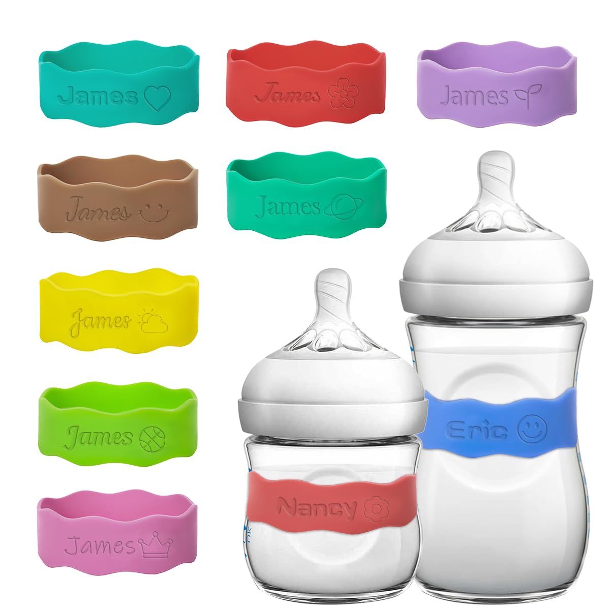 ZGCYSMHT 2 Pieces Personalized Bottle Labels, Reusable Silicone Non-Slip Name Bands, Children's Bottle Drinking Cup Name Bands for Daycare Classroom, Home,Dining Room Table, Baby Shower Gifts