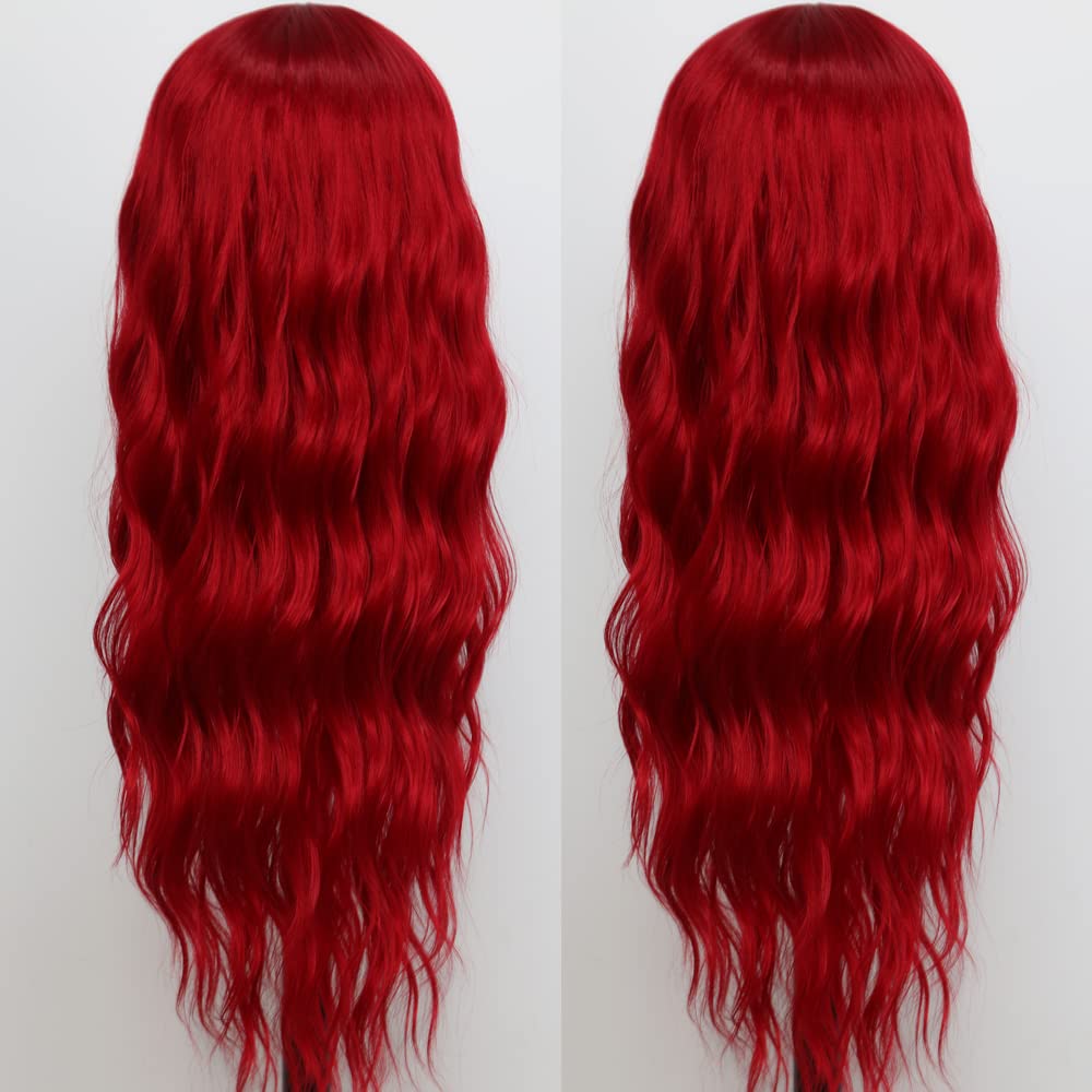 TIMANZO Long Wavy Red Wig Synthetic Wigs with Frontal Lace for Black Women Loose Wave Wig for White Women Heat Resistant Cosplay Wigs for Halloween Party(24 Inch)