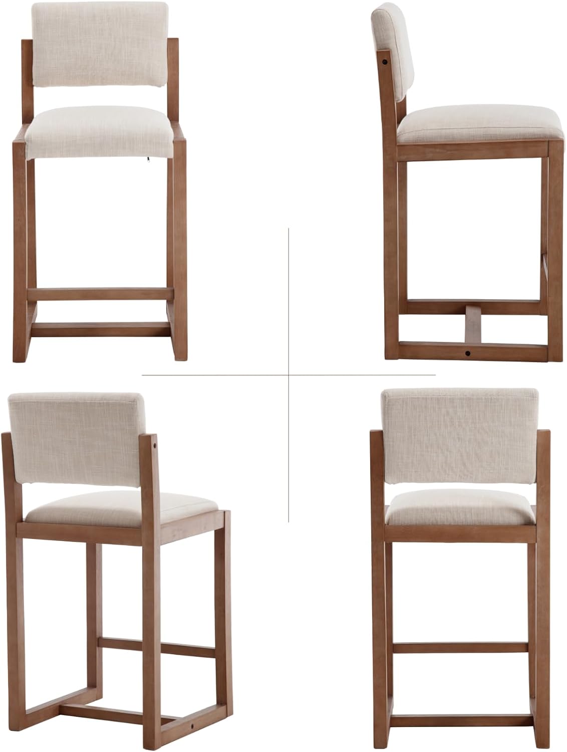 HNY 26" Counter Height Bar Stools Set of 2, Solid Rubberwood Frame with Beige Linen Upholstered Seat & Back, Modern Sled Base Barstools for Kitchen Island, Home Bar, Dining Room