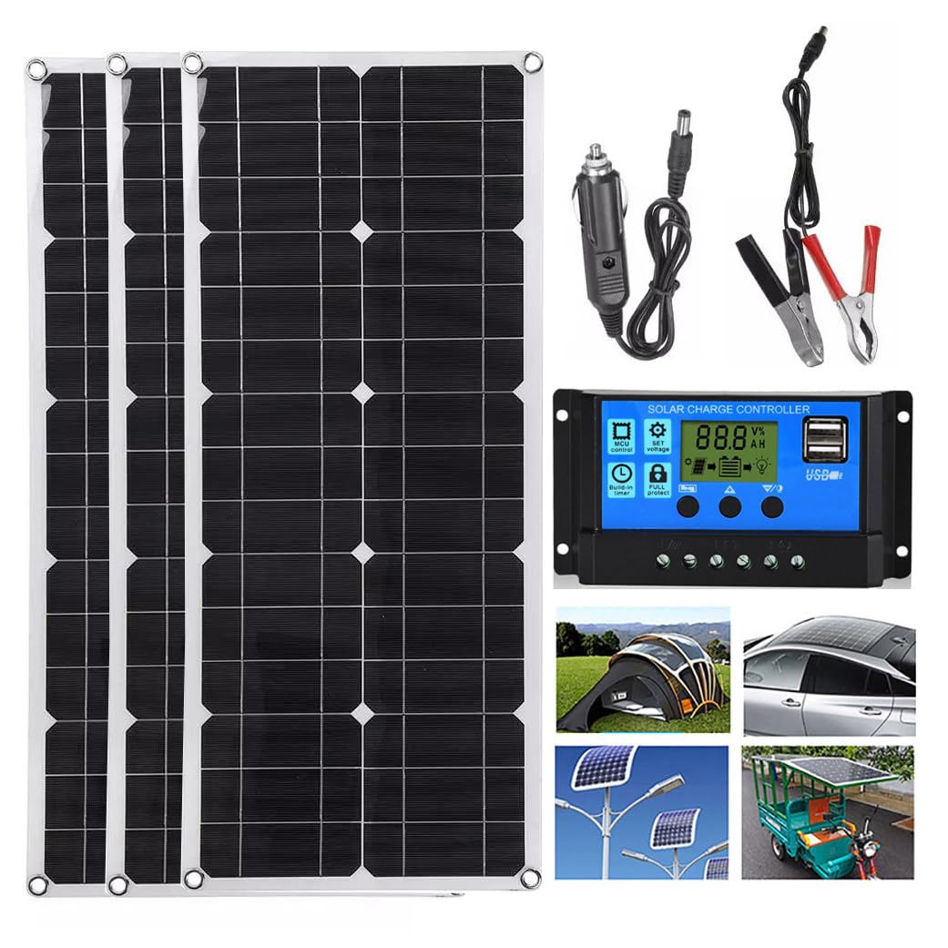 Pannello Solare Flessibile 100W 200W 300W 400W 500W 600W + Regolatore 40A, Portatile per Camper/Tetto/Barca/Auto/Campeggio, Ultraleggero/Ultrasottile/Impermeabile, Doppia USB 3x100W