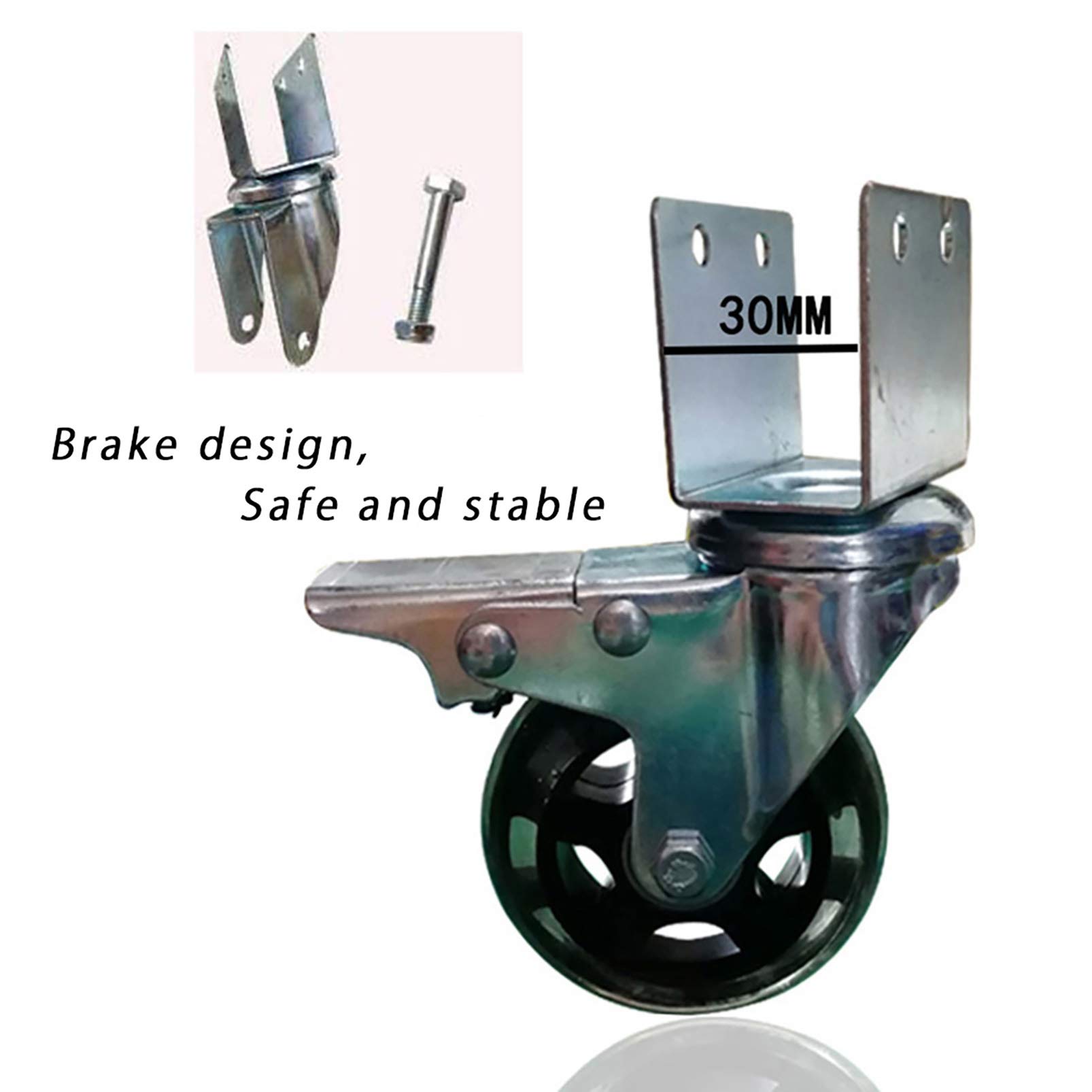 4X Doppio Cuscinetto a Sfera Girevole da 3" Rotelle Pivotanti, Poliuretano Ruote Industriale, Ruote da Trasporto per Mobile con Piastra Superiore a U, carico 150 kg, Ruote con Stelo del Freno