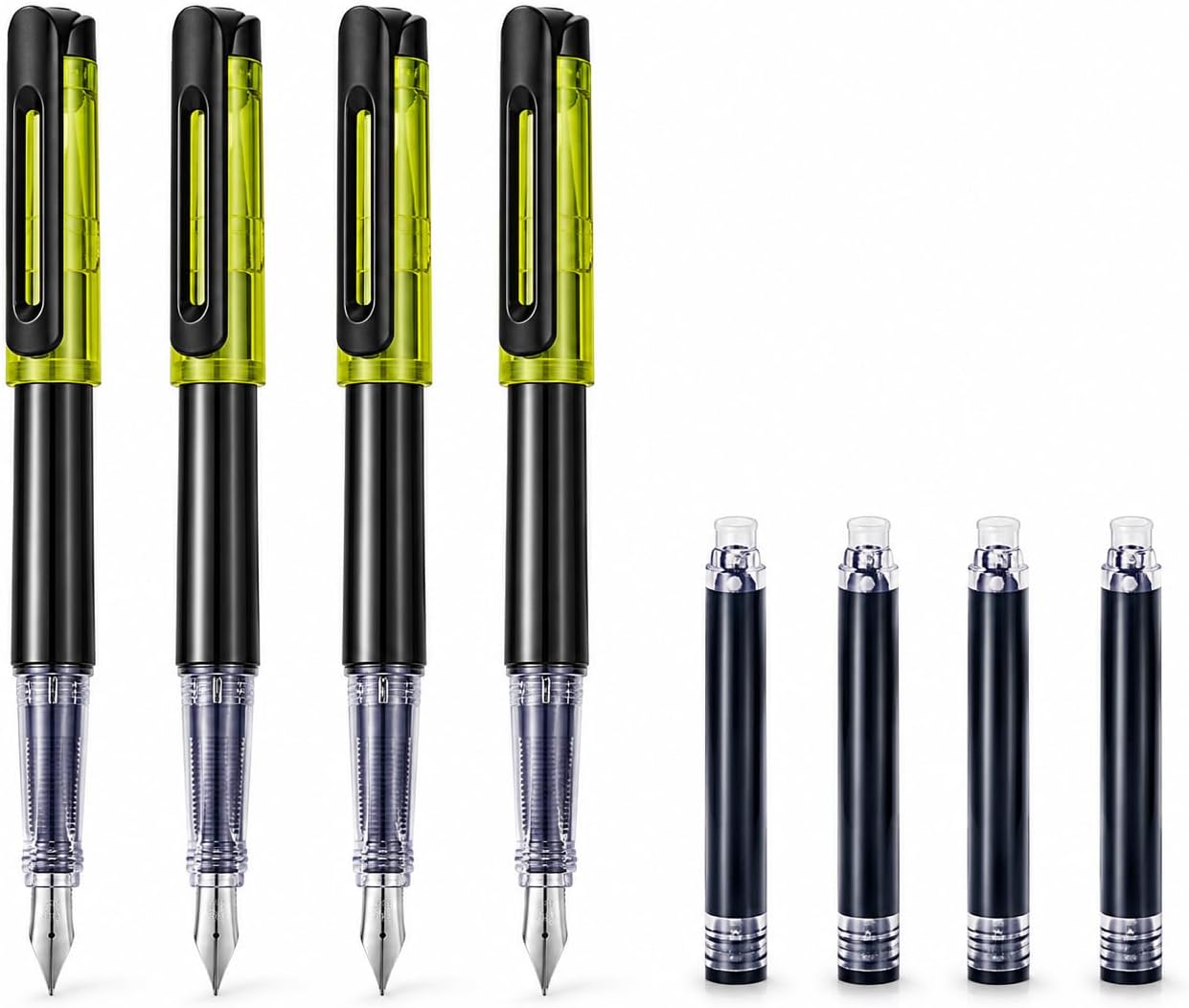 Fountain Pen Set, 4 Pens with EF and F Nibs and 4 Black Ink Cartridges, 5.3 in Refillable Writing Pens for Journaling and Notes