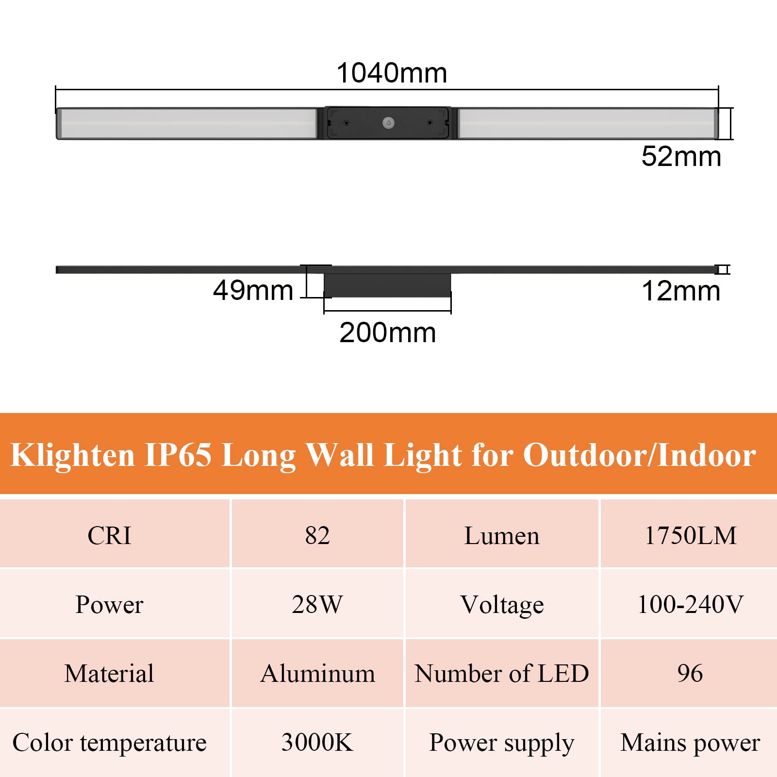 Klighten Aplique Larga de Exterior/Interior LED 28W 1750LM, Impermeable IP65 Lámpara de Pared, Luz de pared Moderno para Terraza Pasillo Entrada Villa, Blanco calido 3000K, 104cm, Negro