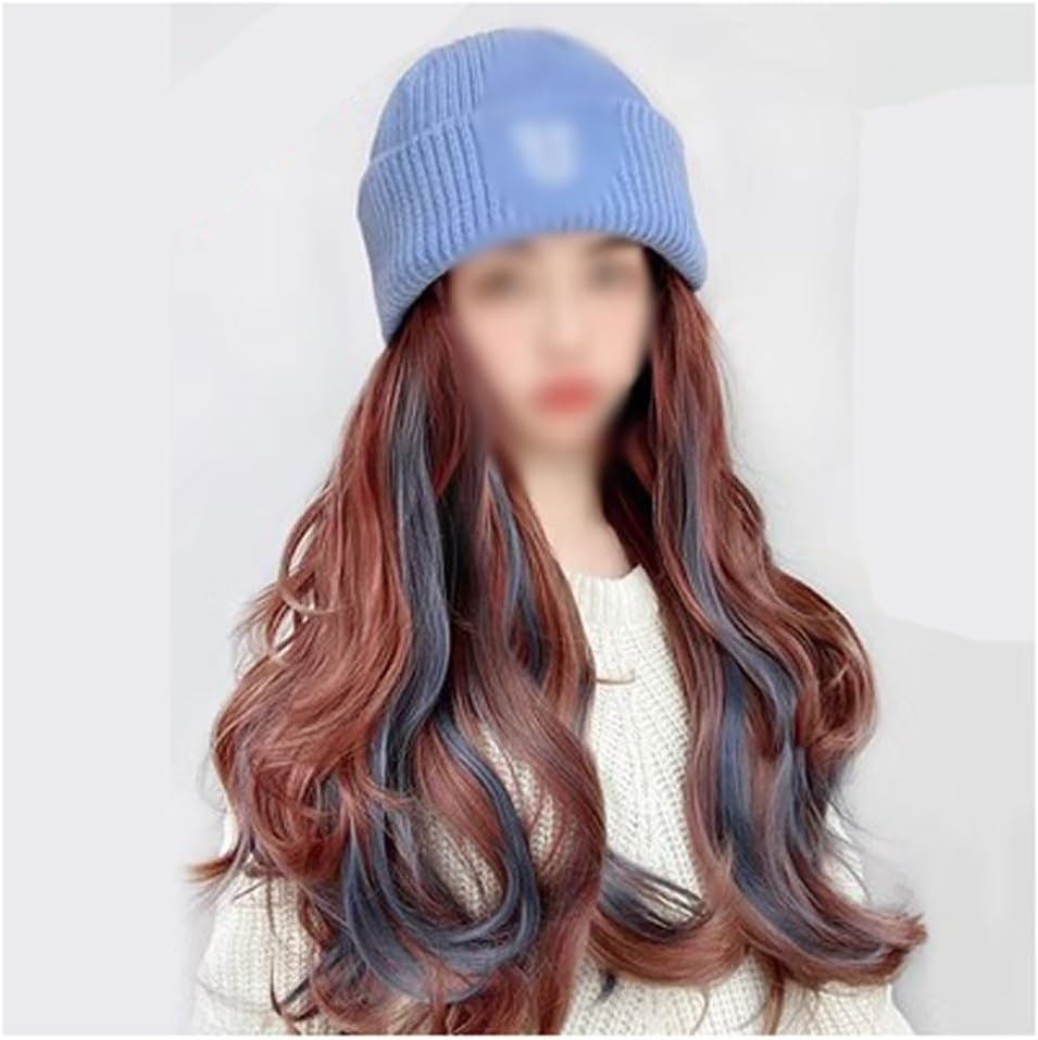EARSHOT Wig Cap Knitted Hat Wig Hat, Wavy Curly Wig Hat, Natural Realistic Wig Hat, Women's Long Hair Wig Hat, Suitable for Outdoor Leisure Headband Wig Human Hair (Color : 01)