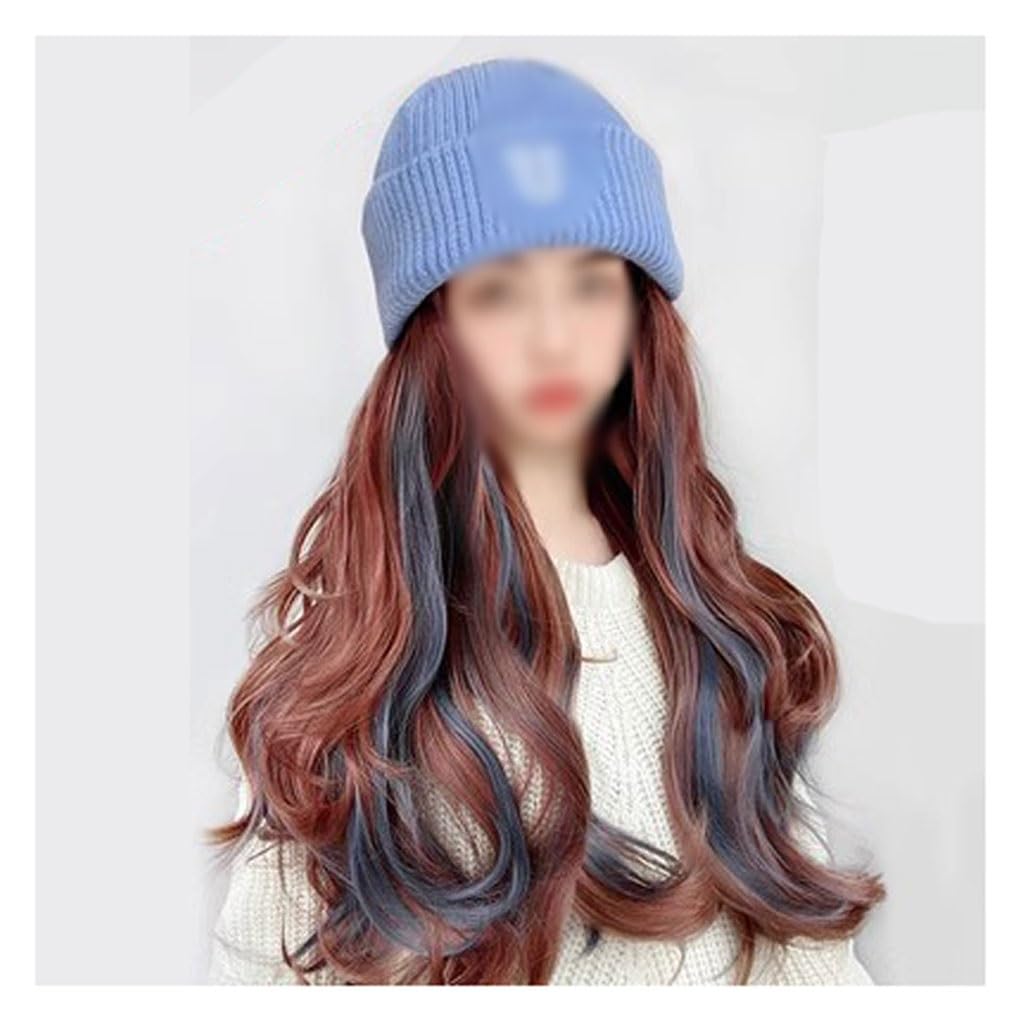 GUERNSEY Cap with Hair Attached for Women Knitted Hat Wig Hat, Wavy Curly Wig Hat, Natural Realistic Wig Hat, Women's Long Hair Wig Hat, Suitable For Outdoor Leisure Women's Wig with Hat (Color : 01)