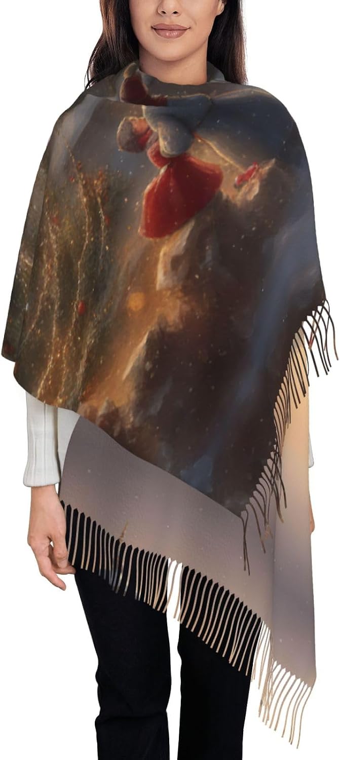 Elegant Merry Christmas Print Tassel Scarf, Warm Winter Accessory,77.6" X 28.3" Faux Cashmere Scarf