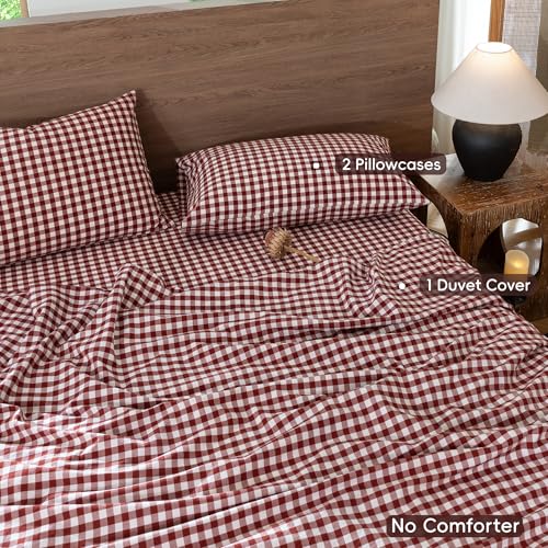 Image of MooMee Gingham Duvet Cover Set 100% Washed Cotton Linen Like Queen | Relaxed Linen-like Texture. Soft, Breathable & Long-lasting Comfort. Lightweight. Hidden Zipper with 8 Interior Corner Ties