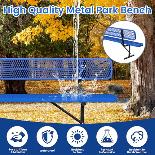 Image of 8FT Heavy Duty Park Bench with Back Portable Frame, Outdoor Steel Bench with Backrest, Outdoor Park Bench Expanded Metal Mesh Bench for Lawn, Park, Deck, Garden, Patio, Porch, Black (Blue, 8FT)