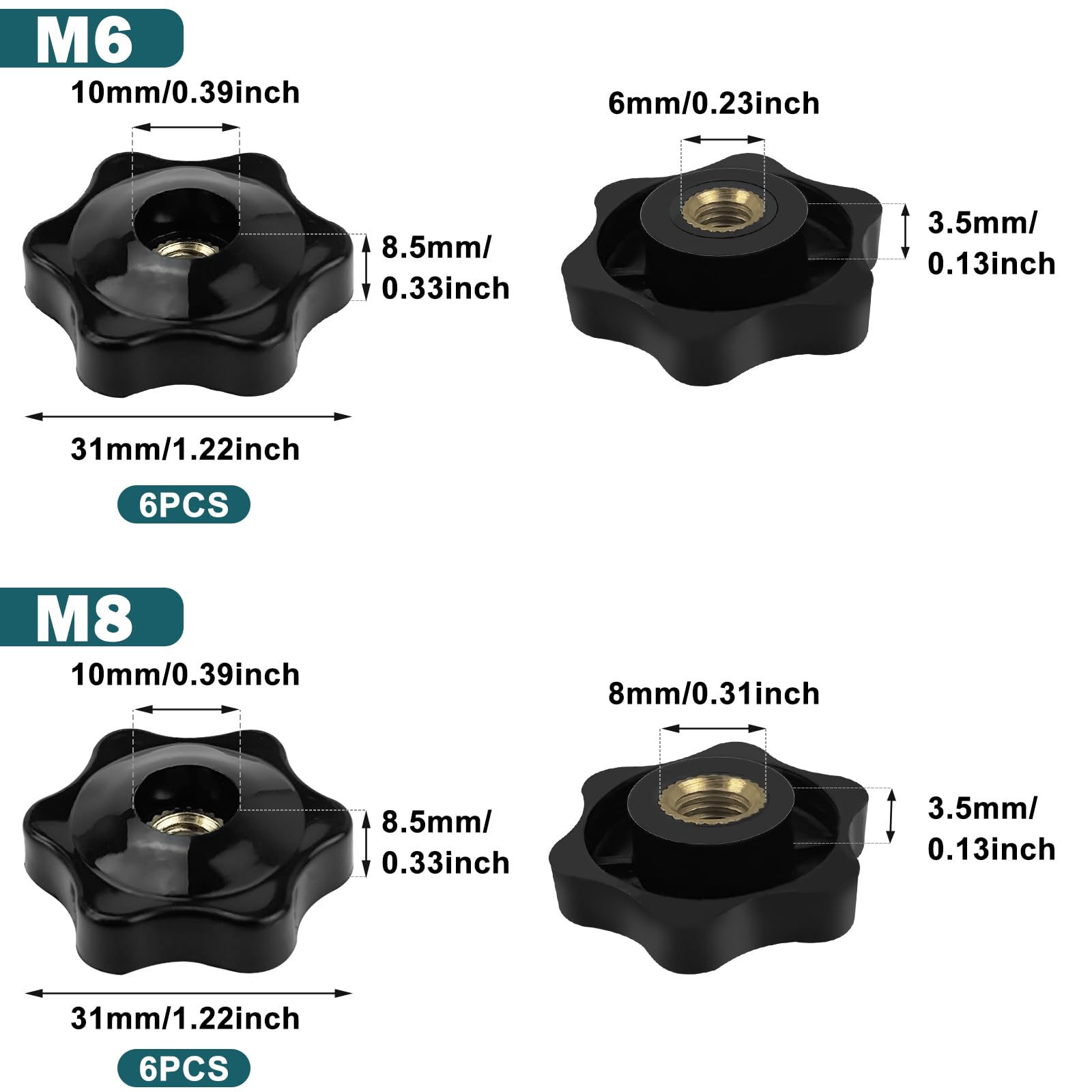CiShow 12 Pcs Star Shape Head Clamping Nuts, M6 / M8 Handle Knob Grip - Image 2