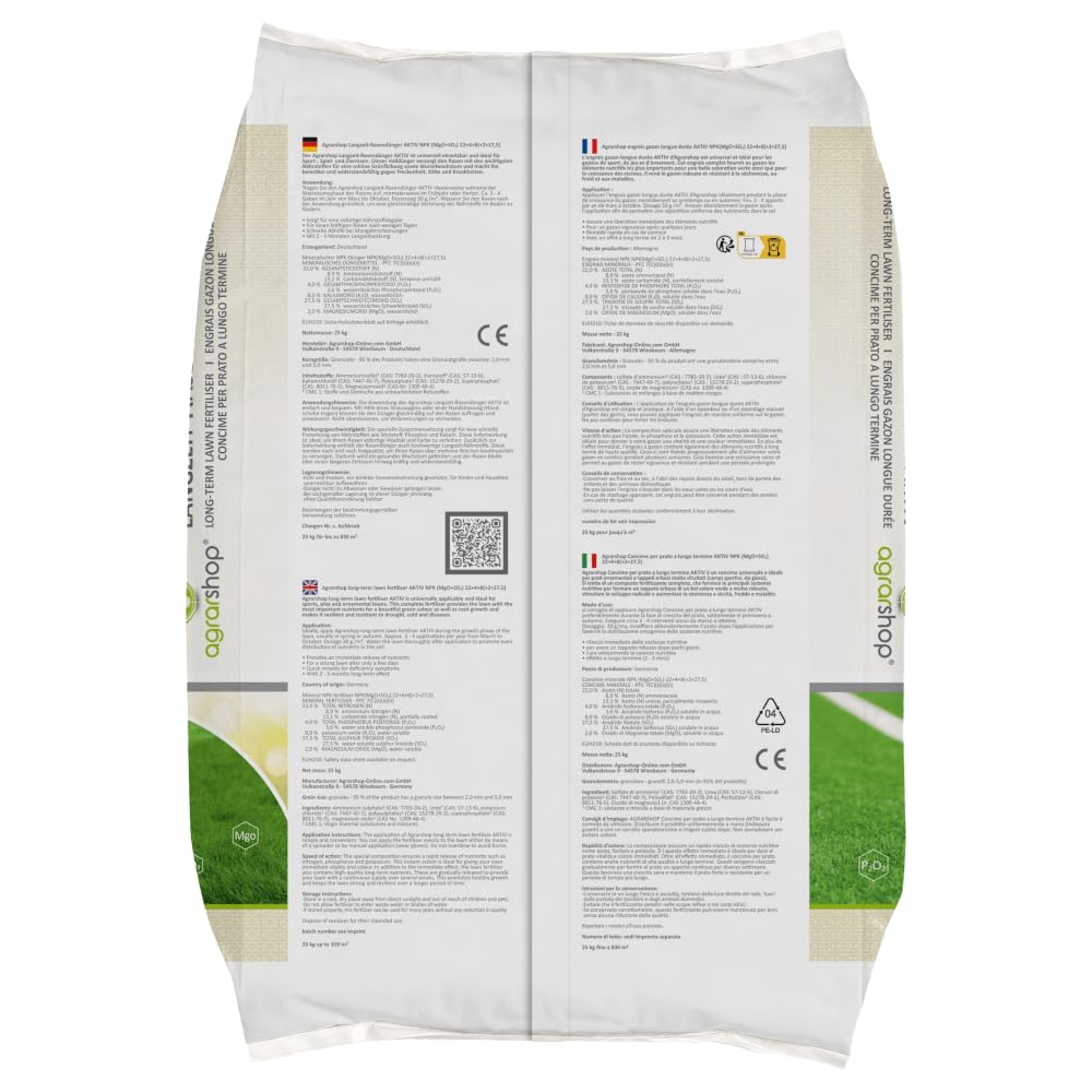 Agrarshop Langzeit Rasendünger Aktiv 25 kg Sofort- und Langzeitwirkung 22-4-8