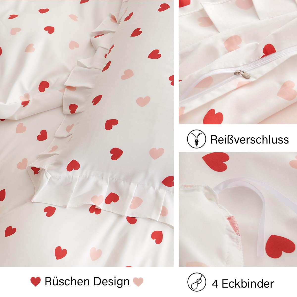 Lanqinglv Rüschen Bettwäsche 155x220 Rosa Rot Herzen,Aesthetic Herzchen Wendebettwäsche Set,ÖKO-TEX Bettwäsche für Allergiker Romantisch Bettbezug mit Reißverschluss und Kissenbezüge 80x80cm