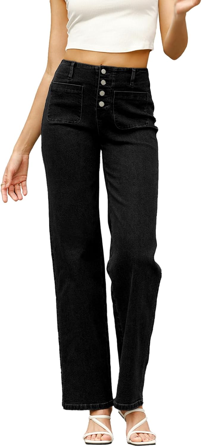 Sidefeel Women's Wide Leg High Waisted Stretchy Tummy Control Zimbaplatinum Jeans