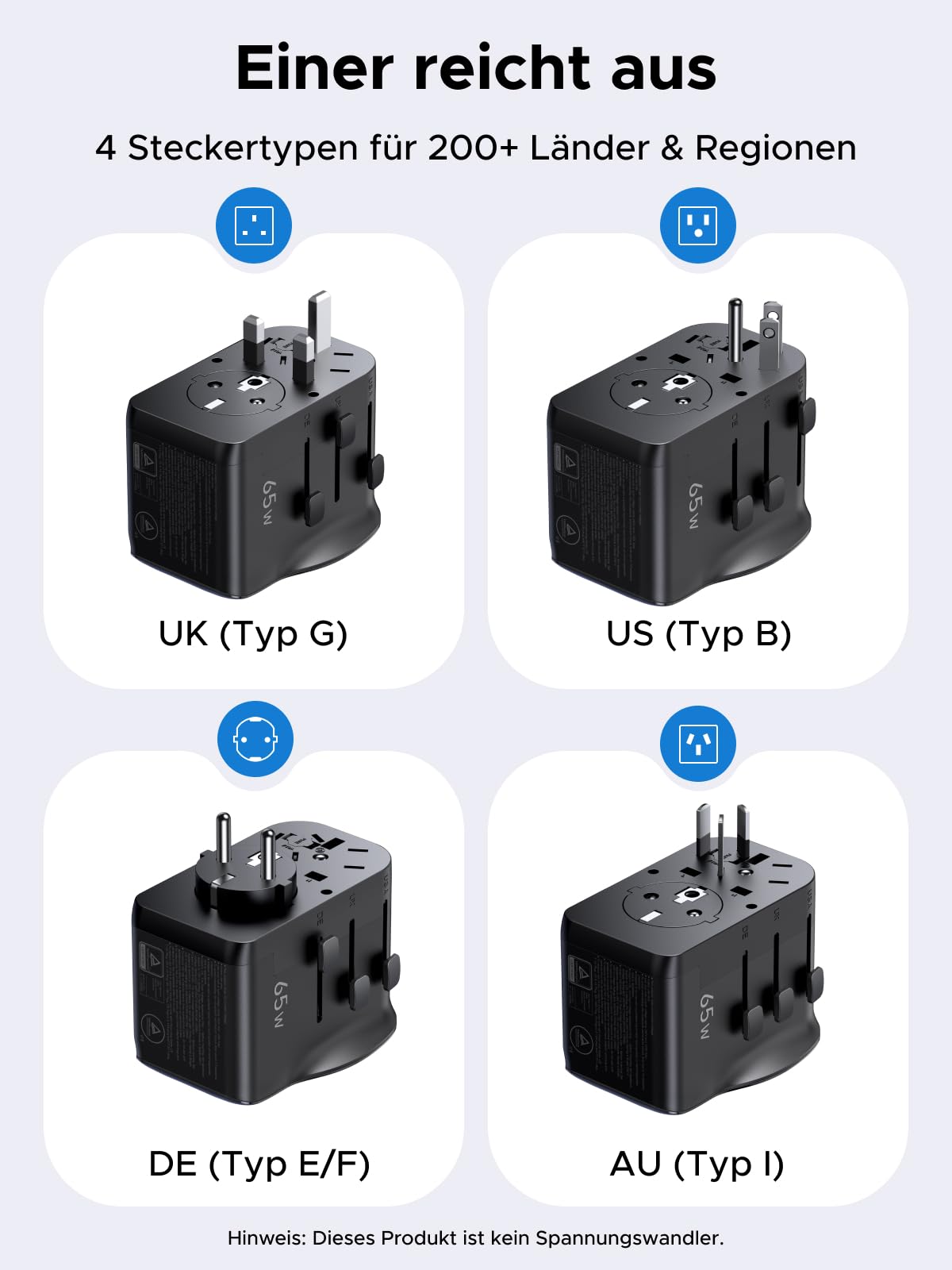 UGREEN 65W Reiseadapter Weltweit mit USB-C 4 in 1 | Universal Adapt für EU UK US AU, 4 Ports, Kompakt und Sicher - Ideal für Geschäftsreisen und Urlaub