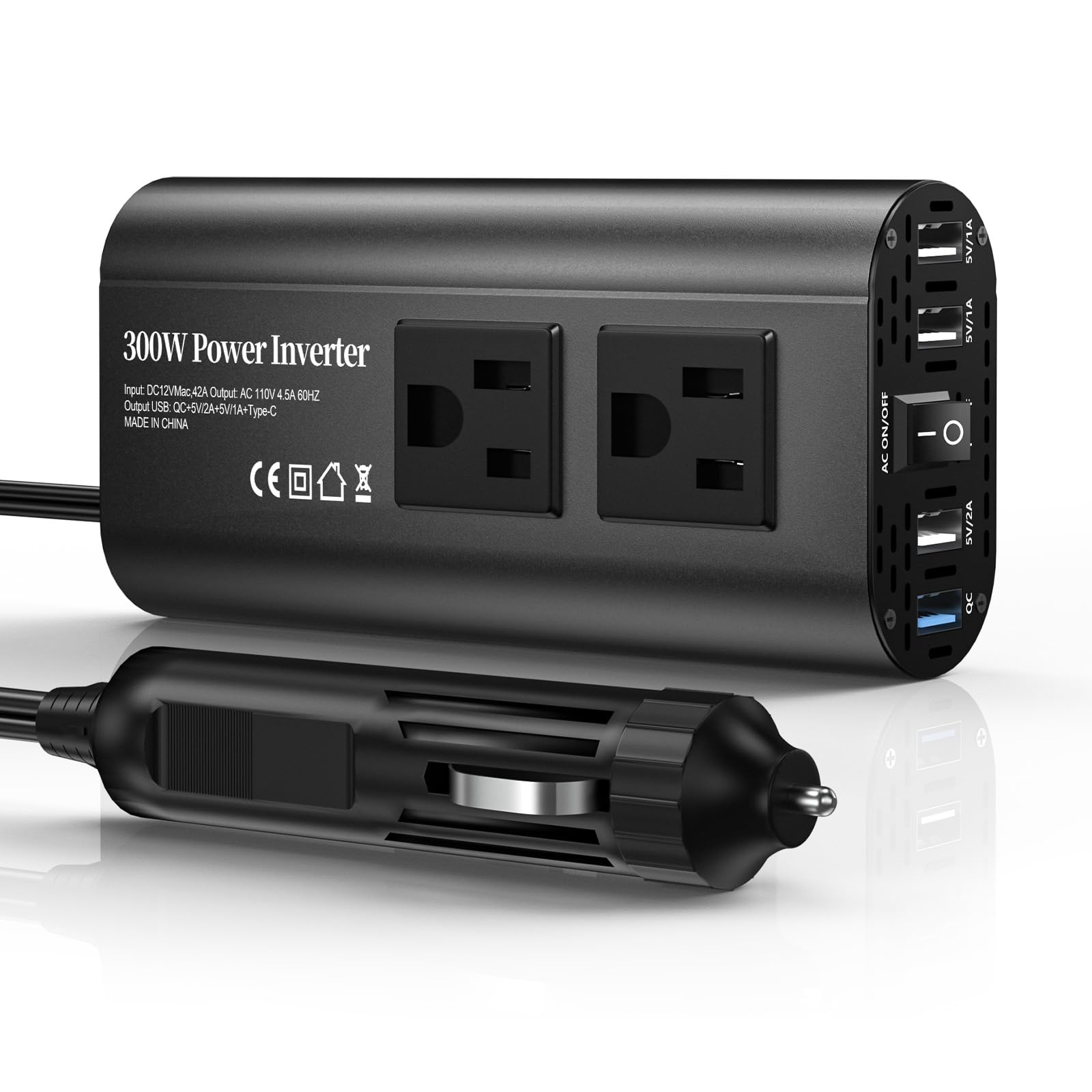 TAGEEBLU 300W インバーター 12v 100v, 車 インバーター, シガーソケット コンセント DC12VをAC100Vに変換 USB 4 ポート搭載 12V車専用 カーインバーター