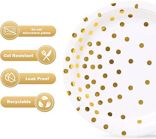 Miniatura 4 de Suministros de fiesta blancos y dorados, platos de postre de papel de punto dorado (50 unidades)