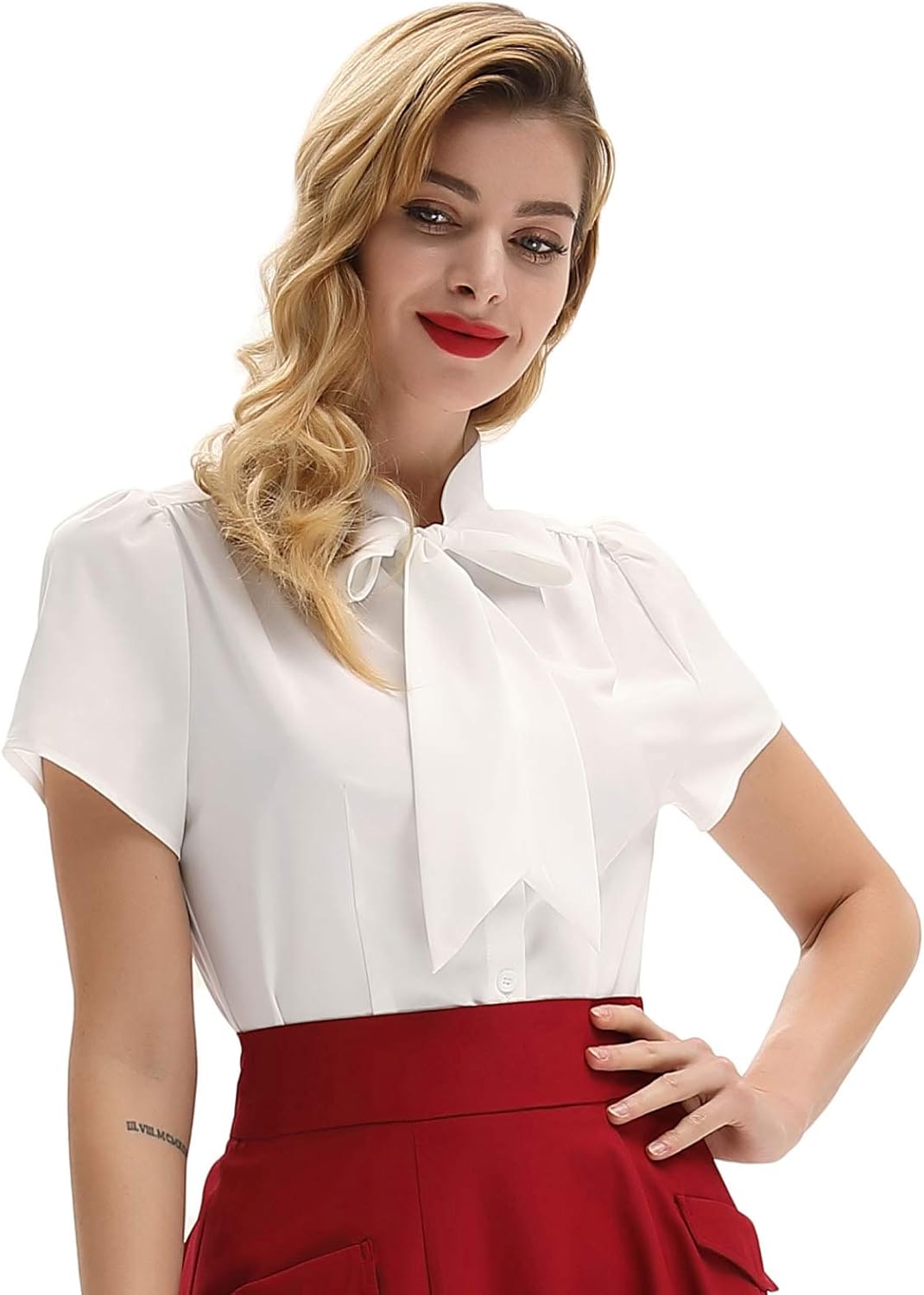 Belle Poque Summer Short Sleeve Office Button Down Blouse Stripe Shirt Tops with Bow Tie BP573 - Image 4
