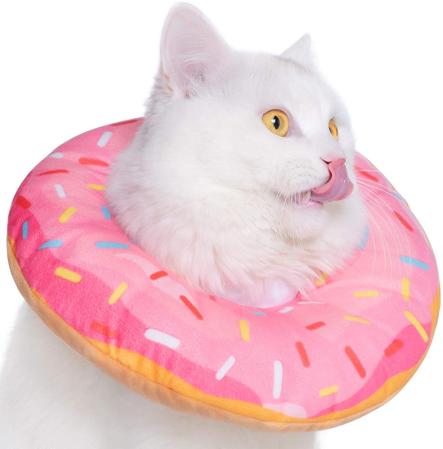 Adjustable Cat Recovery Collar - Cute Donut Soft Cone for Wound Healing, Protective After Surgery Elizabethan Collar for Kitten Pets (Pink, Medium)