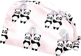 Cute Pandas Umbrellas Pattern 2 Pack Adjustable Working Cap with Buttons Elastic Bouffant Hats Head Scarf with Sweatband for Women Men