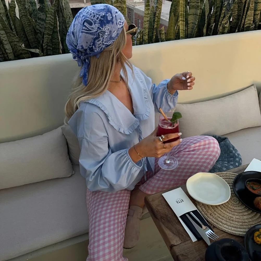 Women Lapel Doll Collar Blouse Puff Sleeve Pleated Tie Front Peplum Shirts Summer Cute Babydoll Tops - Image 6