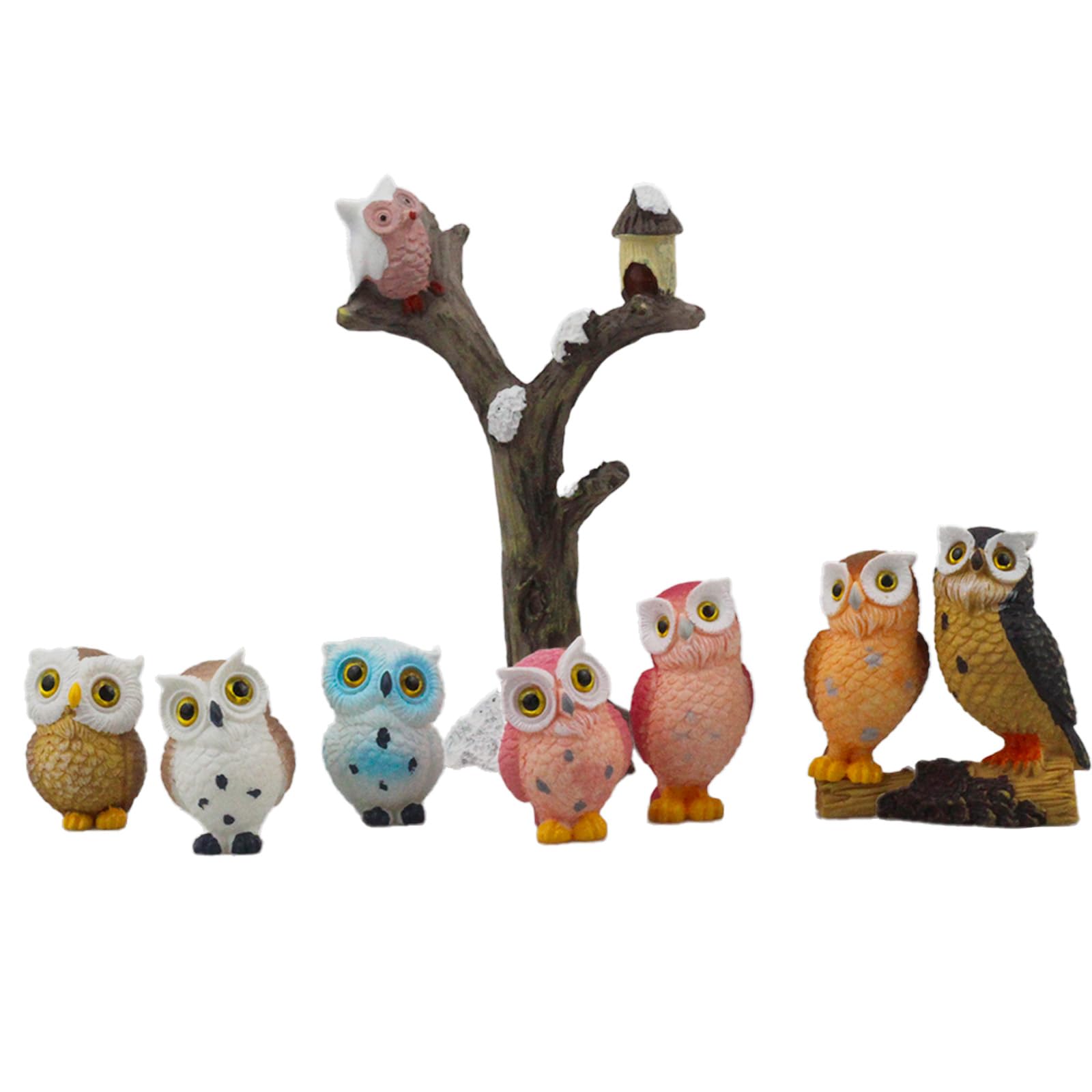 7 Pcs Resin Mini Owls Set - Cute Owl Statue with Owl Tree - Owl Figurine for Home Decor, Fairy Garden Accessories, Office Decor, Micro Landscape, Plant Pots